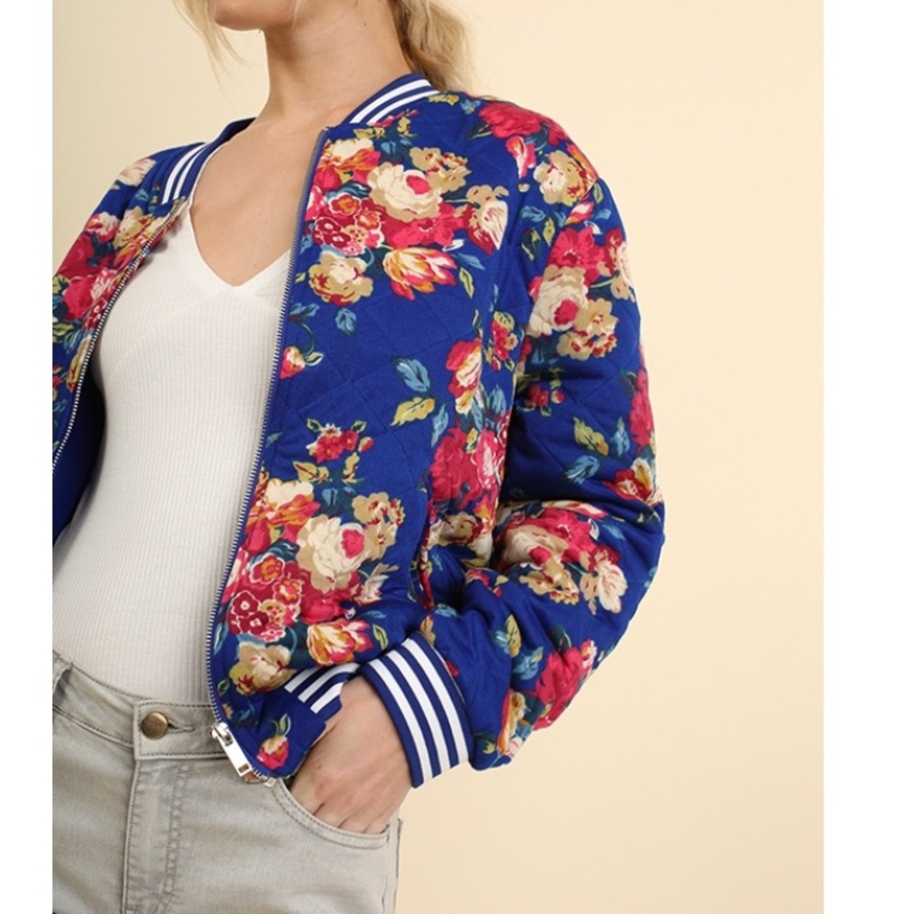 FINAL 💕Blue Quilted Floral Bomber Jacket